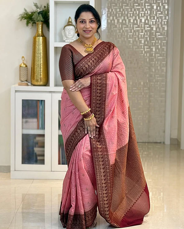 Kanchipuram Silk Saree Pink & Maroon Border